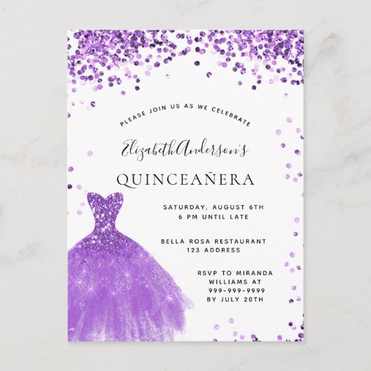 Quinceanera violettes Glitzer Glasur Postkarte (Vorderseite)