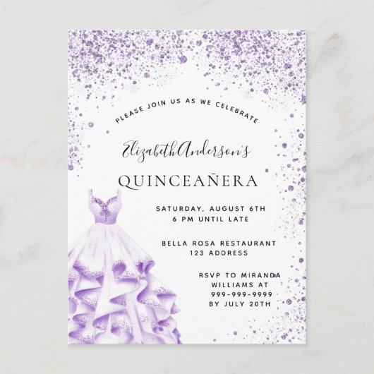 Quinceanera violettes Kleid Glitzer Einladungspostkarte (Vorderseite)