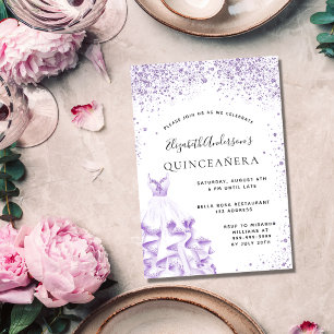 Quinceanera violettes weißes Kleid Glitter Einladungspostkarte