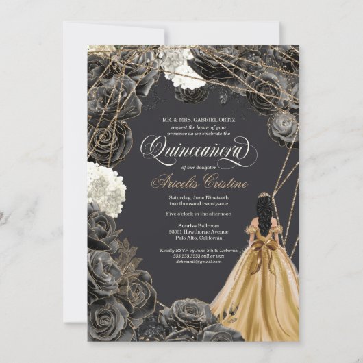 Quinceañera w Black Rose, Gold Gown & Glitzer Einladung (Vorderseite)