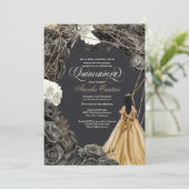 Quinceañera w Black Rose, Gold Gown & Glitzer Einladung (Stehend Vorderseite)