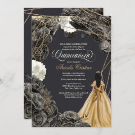 Quinceañera w Black Rose, Gold Gown & Glitzer Einladung