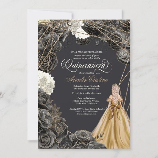 Quinceañera w Black Rose, Gold Gown & Glitzer In Einladung (Vorderseite)