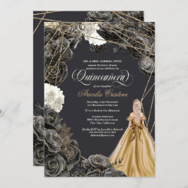 Quinceañera w Black Rose, Gold Gown & Glitzer In Einladung