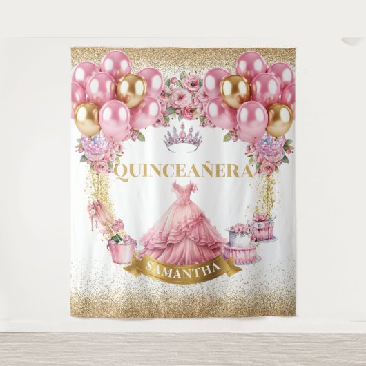Quinceañera Wall Tapestes Rosa Kleid Gold Tiara Wandteppich (Vorderseite)