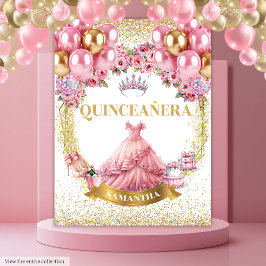 Quinceañera Wall Tapestes Rosa Kleid Gold Tiara Wandteppich