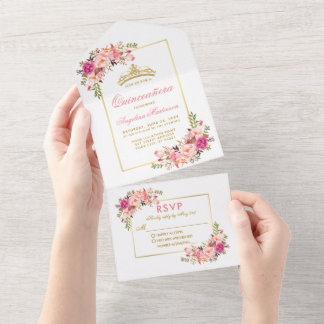 Quinceanera Wasserfarbe Rosa Blütengoldkronen All In One Einladung