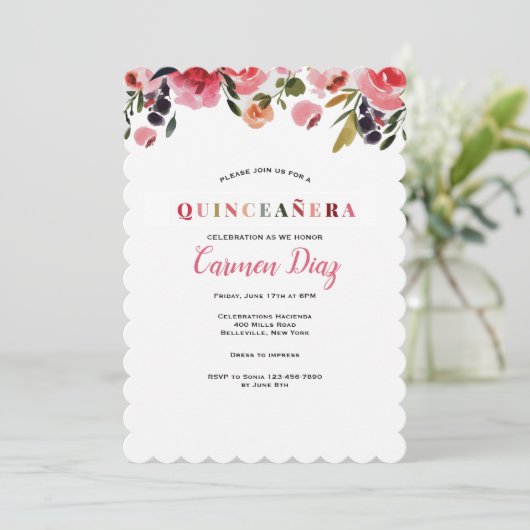 Quinceañera Wasserfarben Einladung (Stehend Vorderseite)