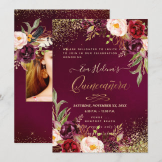 Quinceañera, Wasserfarbenfrohe Blume DIY Burgund Einladung