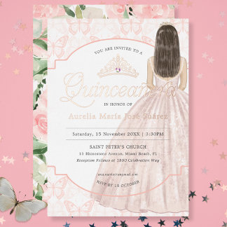 Quinceañera Watercolor Blush Floral Geburtstag Folieneinladung