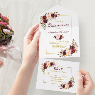 Quinceanera Watercolor Burgund Floral Gold All In One Einladung