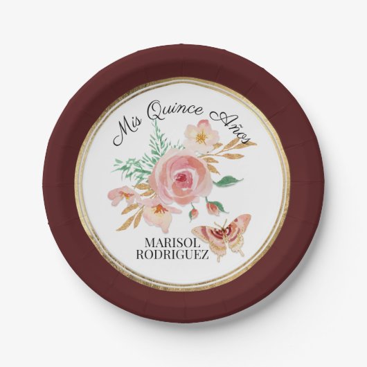 Quinceanera Watercolor Burgundy Floral w Butterfly Pappteller (Vorderseite)