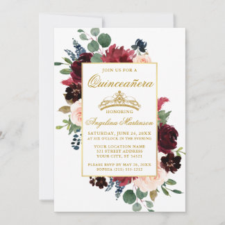 Quinceanera Watercolor Burgundy Pink Floral Einladung
