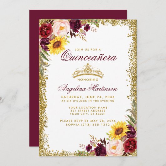 Quinceanera Watercolor Floral Gold Crown Foto Einladung (Vorne/Hinten)