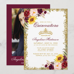 Quinceanera Watercolor Floral Gold Crown Foto Einladung