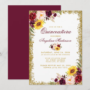 Quinceanera Watercolor Floral Gold Glitzer Einladung