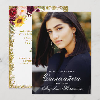 Quinceanera Watercolor Floral Gold Glitzer Foto Einladung