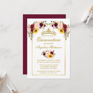 Quinceanera Watercolor Mixed Floral Gold Rahmen Einladung