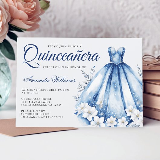 Quinceanera Watercolor Navy Blue Gown Einladung