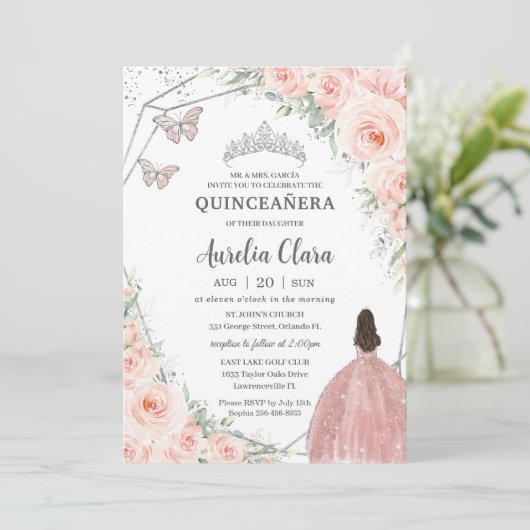 Quinceañera Weiche Blüte Blütenblüte Rose Silberkr Einladung (Stehend Vorderseite)