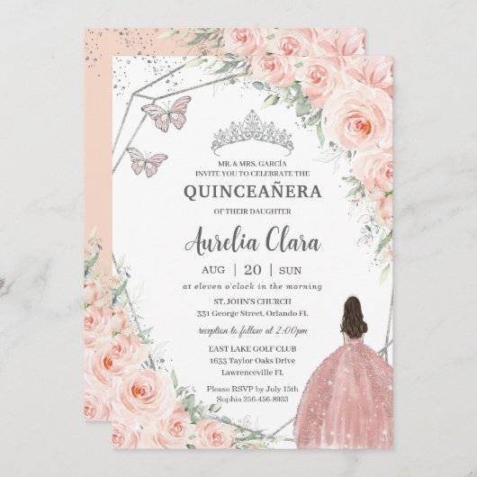 Quinceañera Weiche Blüte Blütenblüte Rose Silberkr Einladung (Vorne/Hinten)
