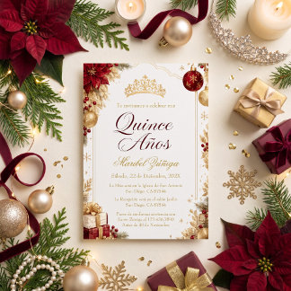 Quinceañera Weihnachten Burgund & Gold Feiertag Einladung