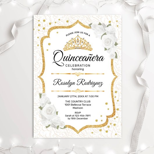 Quinceanera - Weiße goldene Blume Einladung