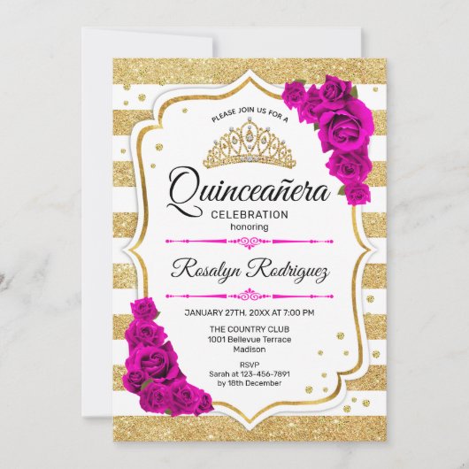 Quinceanera - Weiße goldene Streifen rosa Einladung (Vorderseite)