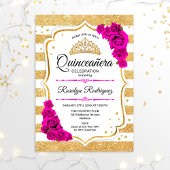 Quinceanera - Weiße goldene Streifen rosa Einladung