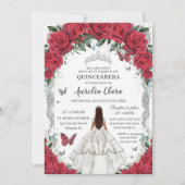 Quinceañera Weiße Kleidung Rote Rosen Blumensilber Einladung (Vorderseite)