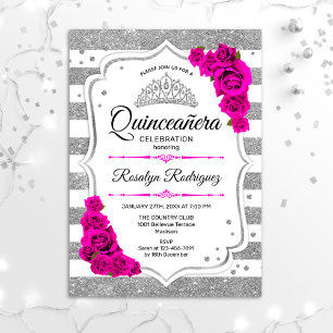 Quinceanera - Weiße Silberstreifen - Heiß rosa Einladung