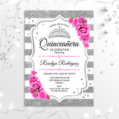 Quinceanera - Weiße Silberstreifen rosa Einladung