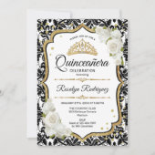 Quinceanera - Weißer schwarzer Damast Gold Einladung (Vorderseite)