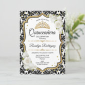 Quinceanera - Weißer schwarzer Damast Gold Einladung (Stehend Vorderseite)
