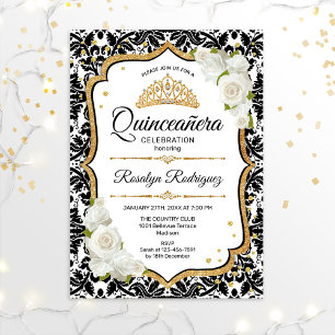 Quinceanera - Weißer schwarzer Damast Gold Einladung