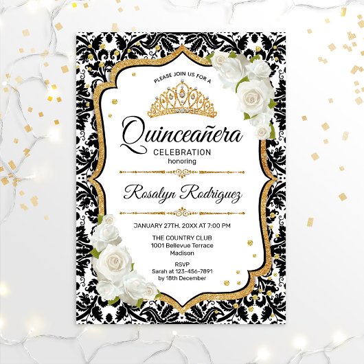 Quinceanera - Weißer schwarzer Damast Gold Einladung