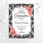 Quinceanera - Weißer schwarzer Damast - Rosa Einladung