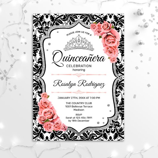 Quinceanera - Weißer schwarzer Damast - Rosa Einladung