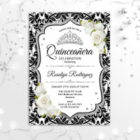 Quinceanera - Weißer schwarzer Damast Silber