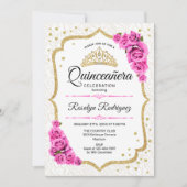 Quinceanera - Weißes Gold Rosa Rosen Einladung (Vorderseite)