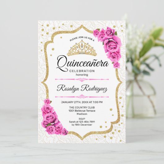 Quinceanera - Weißes Gold Rosa Rosen Einladung (Stehend Vorderseite)