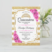 Quinceanera - Weißes goldenes Pastell Rosa Einladung (Stehend Vorderseite)