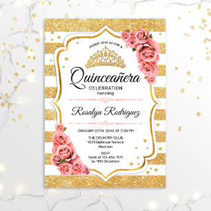 Quinceanera - Weißes goldenes Rosa Einladung