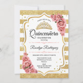 Quinceanera - Weißes goldenes Rosa Einladung (Vorderseite)