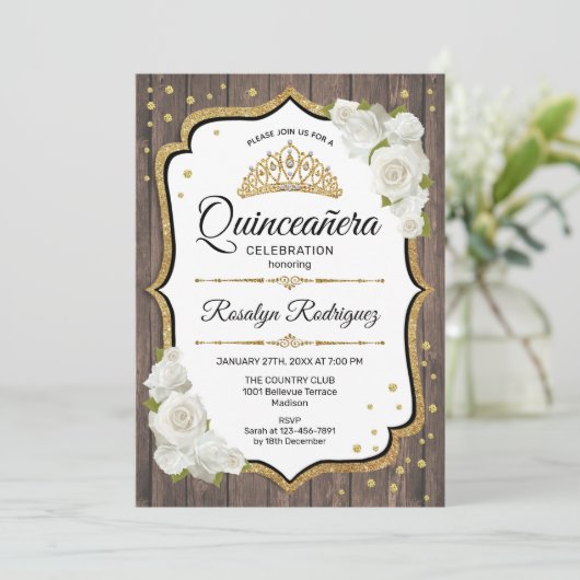 Quinceanera - Weißes Holz aus rustikalem Holz Einladung (Stehend Vorderseite)
