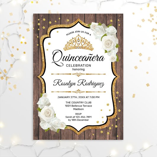 Quinceanera - Weißes Holz aus rustikalem Holz Einladung