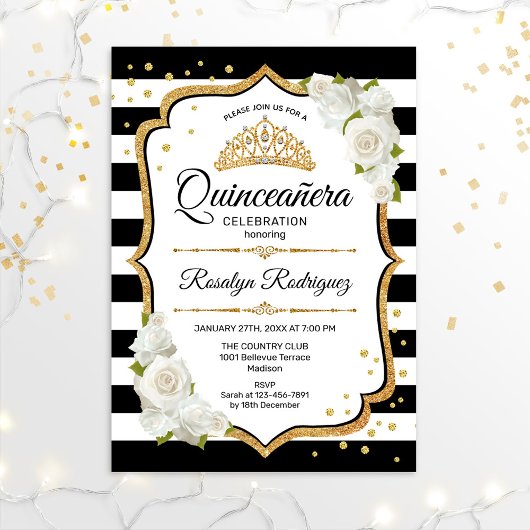 Quinceanera - Weißes Schwarzes Gold Einladung