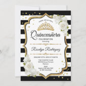 Quinceanera - Weißes Schwarzes Gold Einladung (Vorderseite)