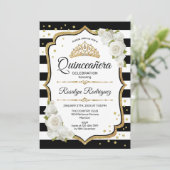 Quinceanera - Weißes Schwarzes Gold Einladung (Stehend Vorderseite)