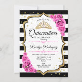Quinceanera - Weißes Schwarzes Rosa Einladung (Vorderseite)